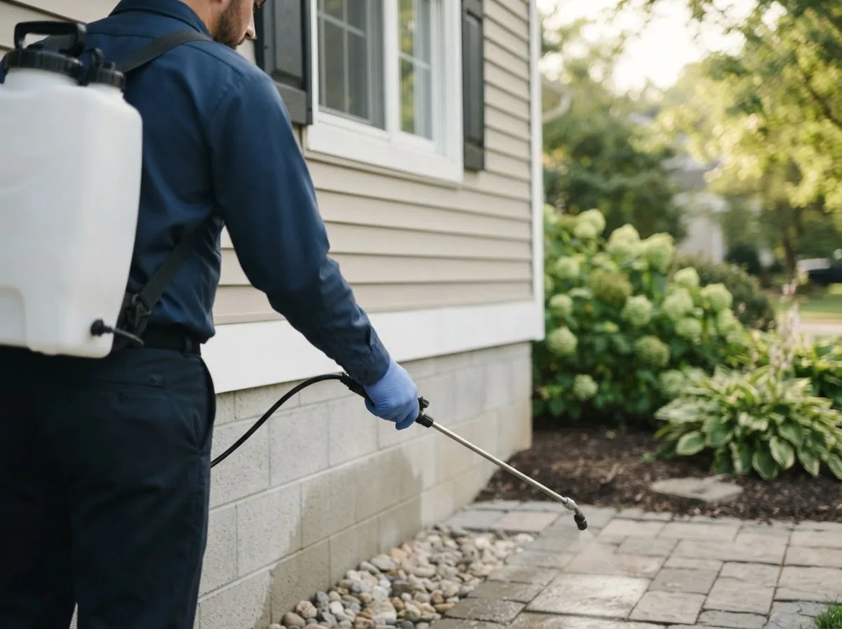 Pest control technician inspecting a home in Wister, OK